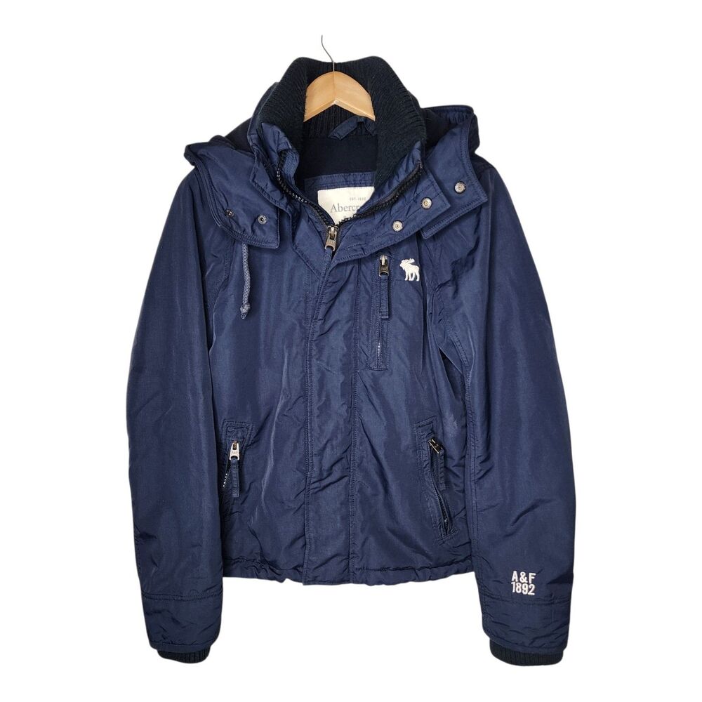 Y2K Abercrombie Fitch Jacket Moose Logo Hooded Mens Medium Navy Blue